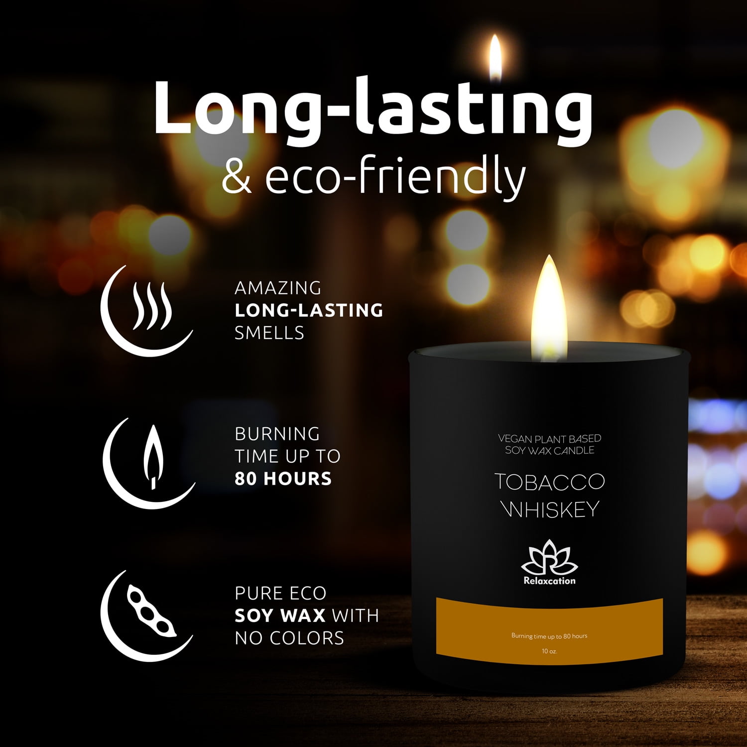 Soy Wax Candle in Glass Jar Warm Spicy Tobacco Whiskey Clean Burn up to 80 Hours Handmade in USA Natural and Safe by Relaxcation 10 oz