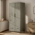 thumbnail image 5 of Ktaxon Fluted Wardrobe Closet Armoire with Hanging Rod, Modern Drawer & Shelf – Elegant Gray Finish Closet with Wood Handles, Farmhouse to Mid-Century Style, 5 of 10