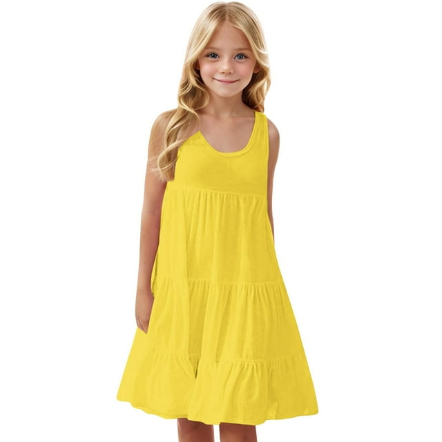 FAIWAD Robes d'Été pour Filles Décontractées Col Rond Robe Débardeur à Étages Vêtements d'Été Boho Plage Vacances 4-14 Ans