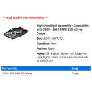 Right Headlight Assembly - Compatible with 2009 - 2010 BMW 335i xDrive Coupe