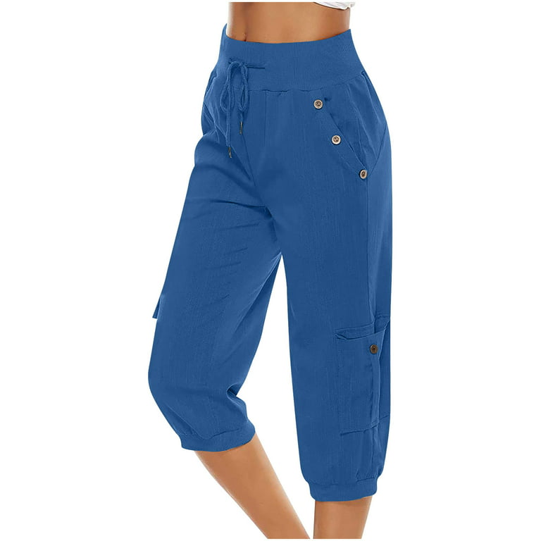 Capri Pants for Women Cotton Linen Plus Size Cargo Pants Capris Elastic  High Waisted 3/4 Slacks with Multi Pockets (Small, Blue) 