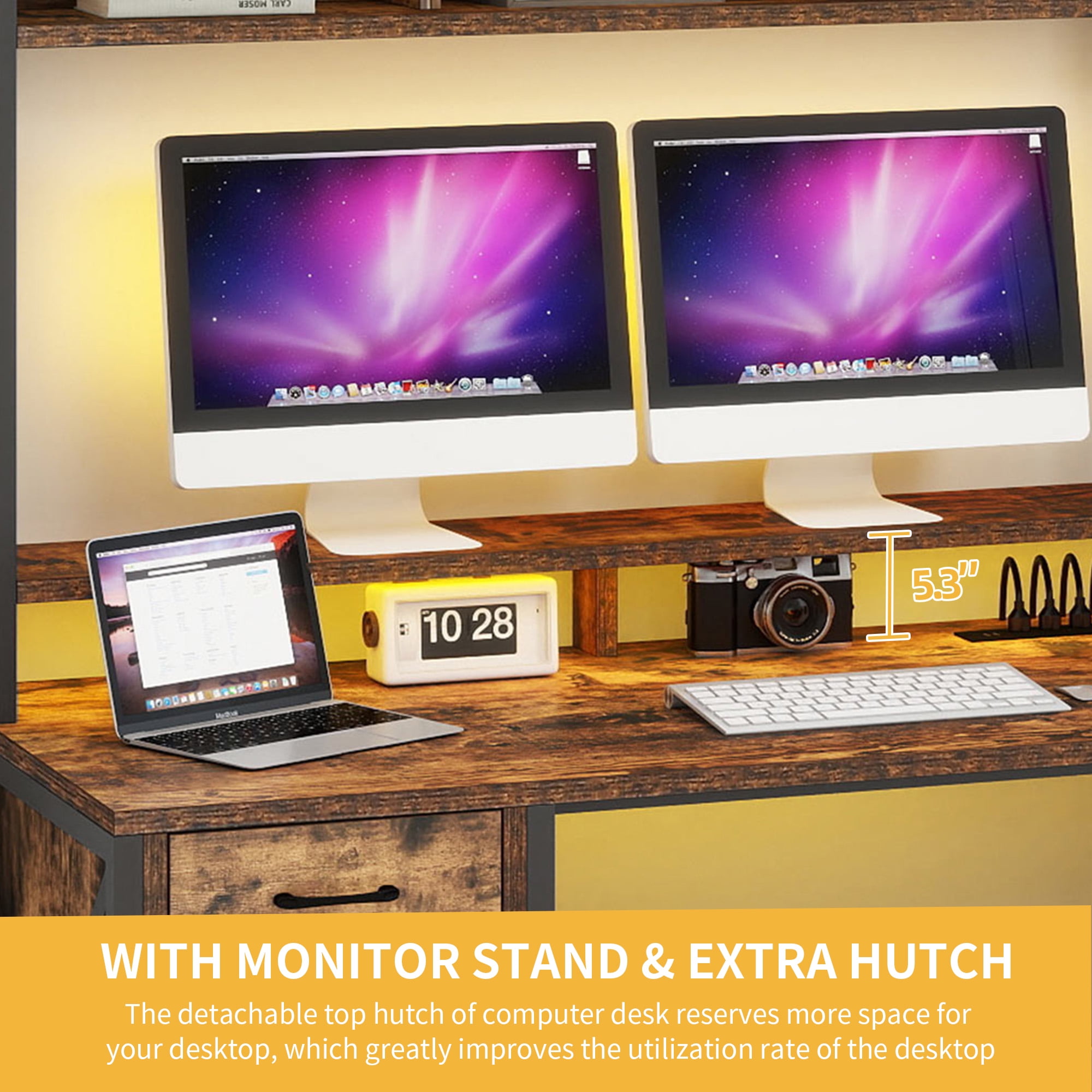 Uforic Computer Desk with Hutch& Led Light, Gaming Desk with Power Outlets, Home Office Desk, Brown