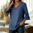 thumbnail image 4 of Womens Tops Ruffle 3/4 Sleeve Dressy Casual Shirts Solid Color V-Neck Tunic Summer Vacation Blouse Blue, 4 of 6