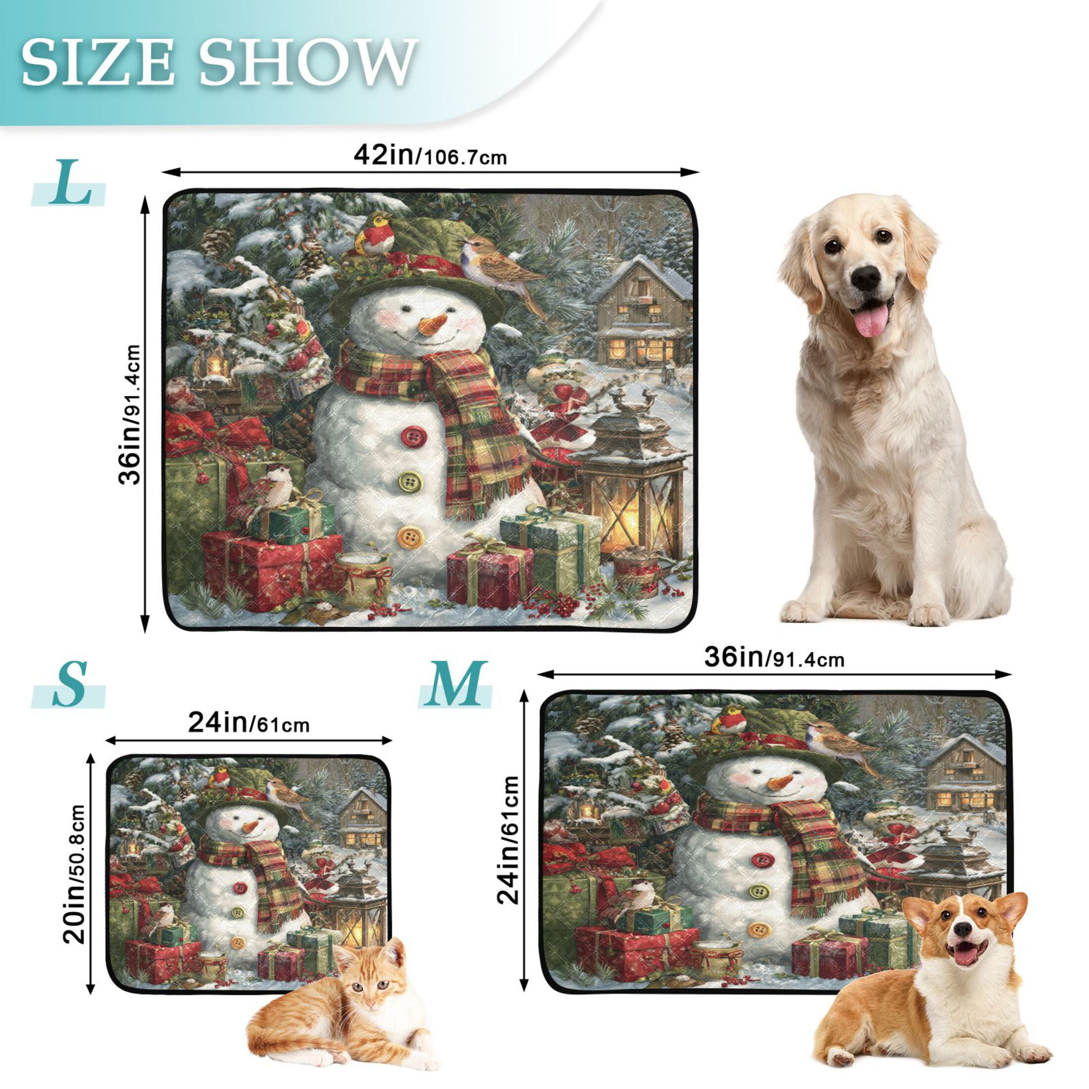 Qxltty Christmas Themed Snowman Cat litter Pads Pet Set of 2 Diaper Mats Center Anti-leakage Layer Absorbent Soft and Comfortable