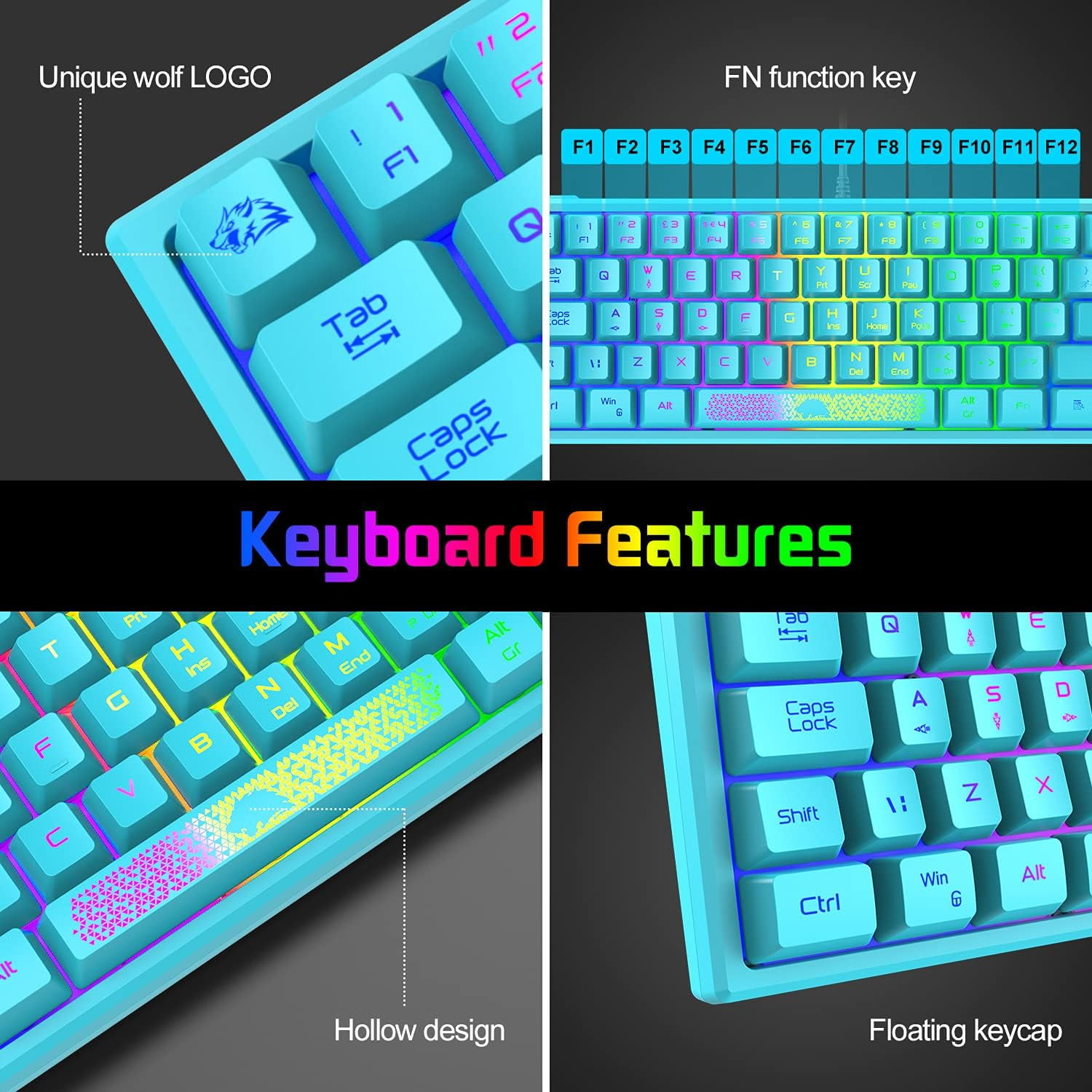 K61 UK Layout RGB 60% Gaming Keyboard Mouse Set Wired 62 Keys Mini Portable Keyboard 7 RGB LED Backlit 19 key Anti-ghosting + 6400 DPI Ultralight Gaming Mouse Honeycomb Shell +Mouse Pad -Blue