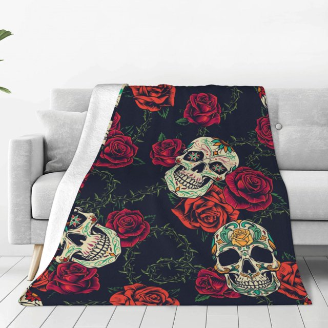 Balery Roses Skulls Manta de Felpa Suave y Acogedora – Cobija de Franela Aterciopelada para Cama, Lavable y Cálida para Sofá, Mascotas, Transpirable-80"x60"