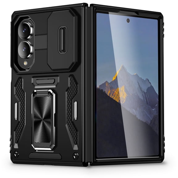ELEHOLD Heavy Duty Rugged Case for Samsung Galaxy Z Fold8 with Sliding Lens Cover Magnetic Metal Ring Holder Kickstand Anti-Scratch Shockproof Cover,Black