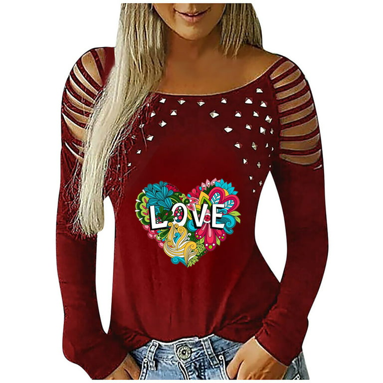 Olyvenn Reduced Blouse Shirts for Women Tunic Tops Fashion Love Heart Print  Valentines Day Hollow Long Sleeve Cold Shoulder Slim Fit Light Diamond Female  Leisure Wine 4 