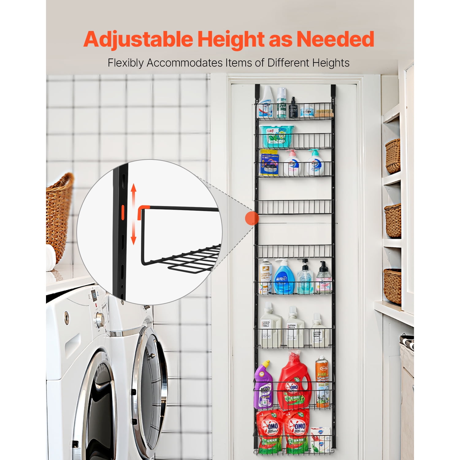 KFFKFF Door-Mounted Pantry Organizer, 9-Level Storage Solution, Robust Steel Constructed Spice Holder, Wall-Mounted Adjustable Seasoning Racks, Suitable for Kitchen, Laundry Area, Bathroom, Black
