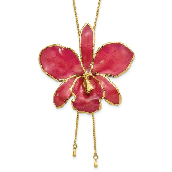Other Metal Necklace with Pendants Chain 24K Gold-trim Lacquer Dipped Fuchsia Real Cattleya Orchid Slip-on Adjustable Gold-tone inch
