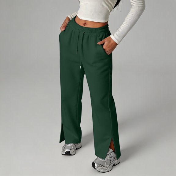 Girls Casual Pants Elastic Waist Drawstring Sweatpants with Side Split Fall Long Trousers Dark Green,13-14 Years
