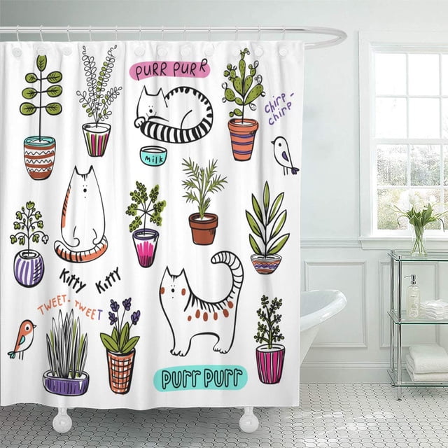 Cortina de Ducha Pintada a Mano ABPHQTO diseño de Gato Ute y Plantas en Maceta 150x180 cm