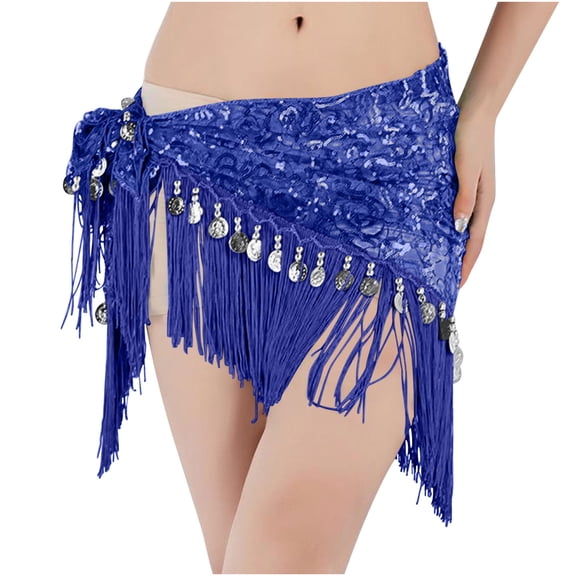 Felirenzacia Women Sequin Tassel Skirt Glitter Sparkly Fringe Belly Dance Hip Scarf Skirts Metallic Rave Party Belts Costume, Blue,Free Size