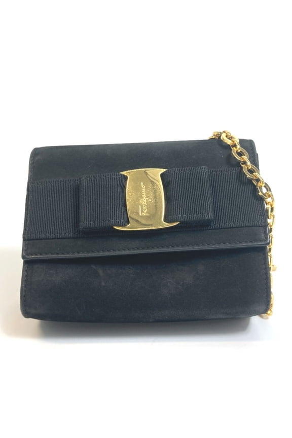 Pre-Owned Salvatore Ferragamo Vara Ribbon Mini Pochette Shoulder Bag in Black Suede... (Good)