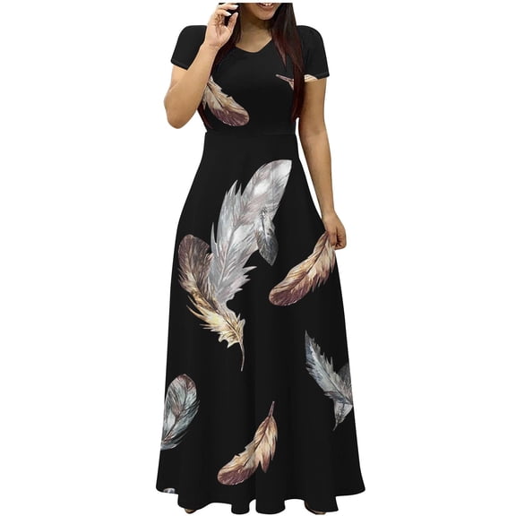 Womens Summer T-Shirt Dresses Feather Print Casual Dress Short Sleeve High Waist Maxi Dress Black, M