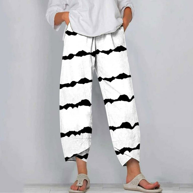YYDGH Capri Pants for Women Palazzo Lounge Pants Wide Leg Printed Cropped  Bottoms Baggy Trousers Sweatpants with Pockets White Glod S 