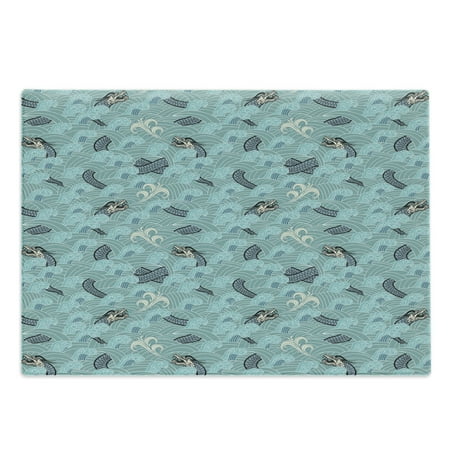 

Japanese Wave Cutting Board Style Pattern Dragon and Sea Waves Fantasy Ocean Monster Print Decorative Tempered Glass Cutting and Serving Board Large Size White Teal and Grey by Ambesonne