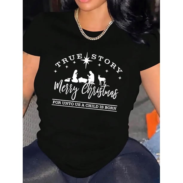 Women's Casual Crew Neck T-Shirt with Geometric Nativity Scene Print, Polyester 95% Spandex 5% Knit Fabric, Medium Stretch, All Season Comfort Fit