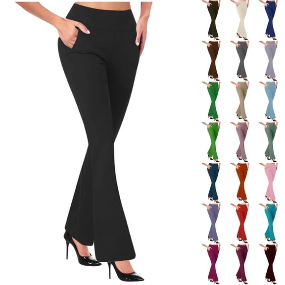 Dezsed Women's Flared Yoga Dress Pants Stretchy Work Slacks Business Casual Straight Leg Bootcut Pull on Trousers with Pockets Black L