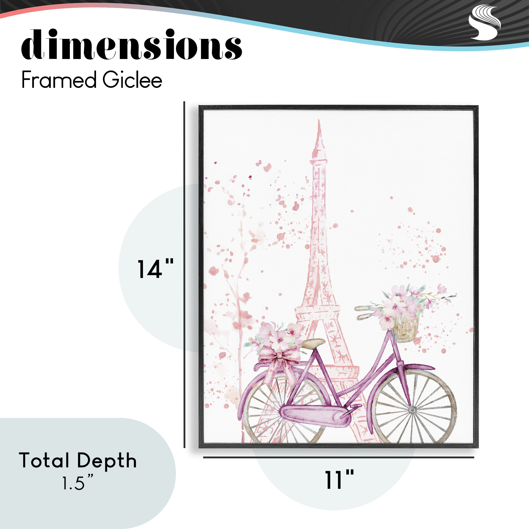 Parisian Bicycle & Modern Splatter Black Framed Giclee Art, design by Kim Allen