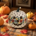 thumbnail image 4 of Floral Hand-Painted Ceramic Light Up Pumpkin Lantern, Carved Jack-O-Lantern with Warm LED, Textured Speckled Green Base Folk Halloween Tabletop Decor for Mantel Bedside Entry Shelf Fall Centerpiece, 4 of 7