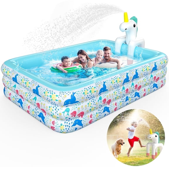 WonderStone 2 in 1 Inflatable Pool with Sprinkler, 94''x 65''x 24'' Oversizd Thickened Family Swimming Pool, Blow up Pool for Adult Kids Children Summer Outdoor Garden Backyard