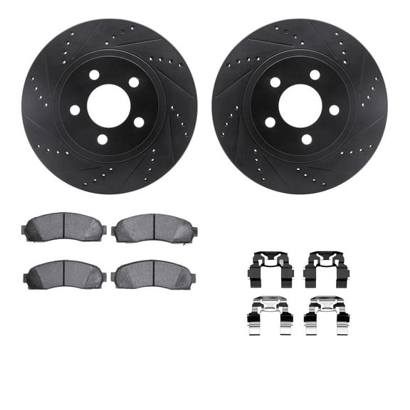 Dynamic Friction Company Front Brake Rotors-Drilled and Slotted-Black with Ultimate Duty Performance Brake Pads includes Hardware 8412-54058