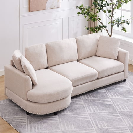 Mjkone Modern 3 Seater Couch with Chaise,Linen L Shaped sofa with 2 Pillows,Small Sectional Couch for Living Room,Beige