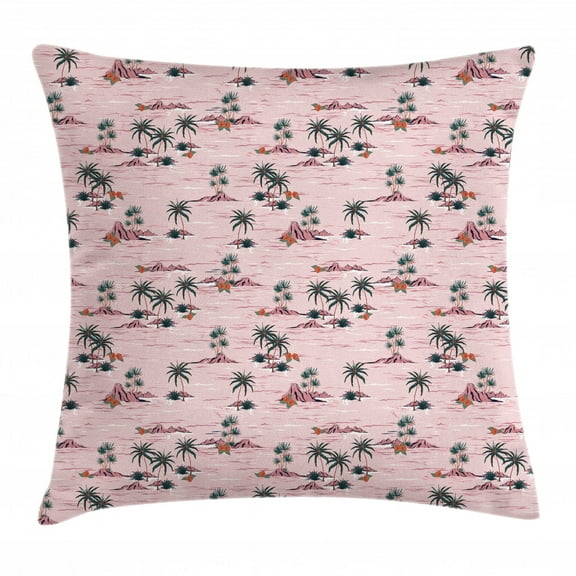 Hawaii Throw Pillow Cushion Cover, Summer Pattern with Palms Rocky Beach and Hibiscus Flora, Decorative Square Accent Pillow Case, 20" X 20", Rose Dark Salmon Dried Rose Dark Teal, by Ambesonne