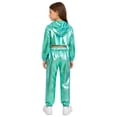 thumbnail image 3 of Hansber Kids Girls Modern Street Hip Hop Jazz Dance Outfits Long Sleeve Metallic Hoodie Crop Top and Pants Set Light Green 8, 3 of 7