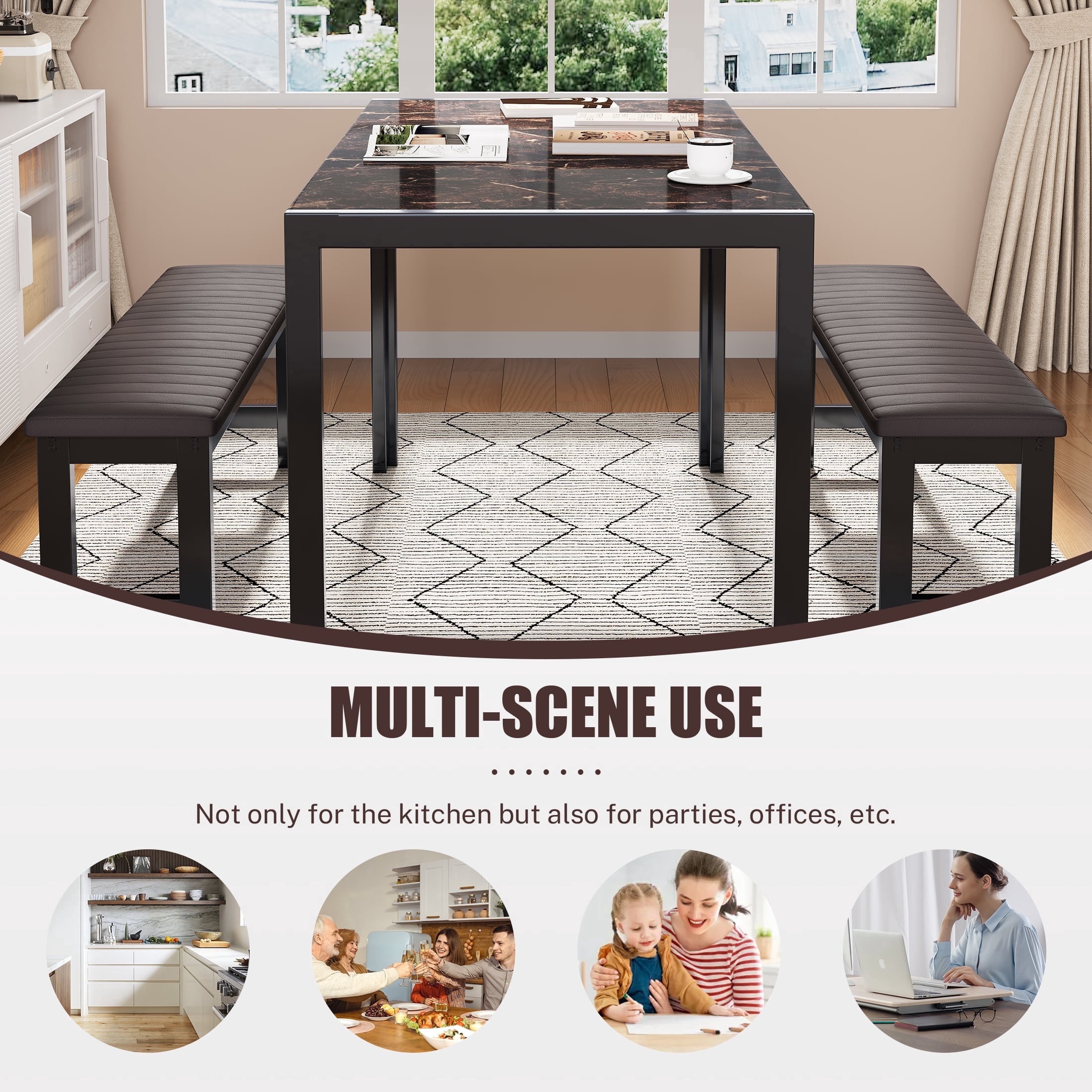 PORKISS Dining Table Set for 4, 3 Piece Kitchen Table Set with 2 PU Leather Benches, Faux Marble Dining Room Table Set, Breakfast Nook Table Set for Small Spaces, Apartment, Brown+Black