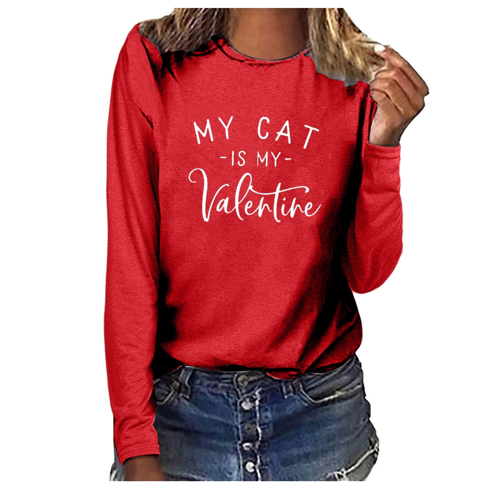 Womens Casual Crew Neck Sweatshirt Shirts Funny Cat Letter Print Long Sleeve Blouse Tops 