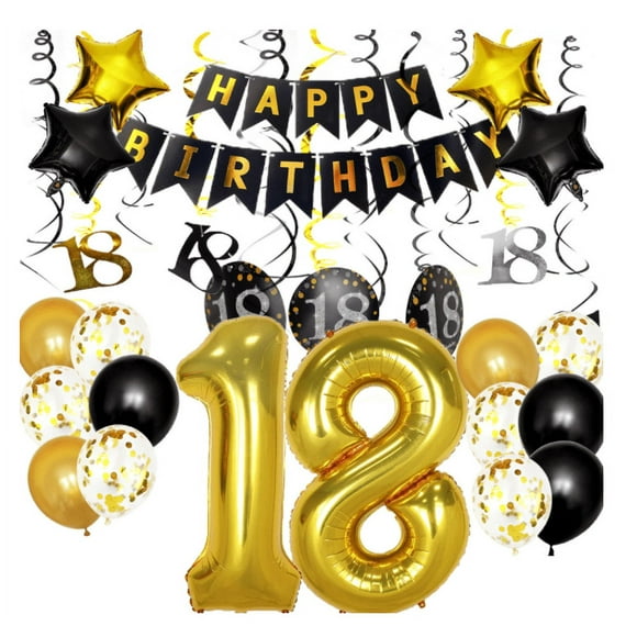 18th Birthday Decorations Party Supplies Gold Number Balloon 18 Happy Birthday Banner Latex Balloons(Black, Golden) Confetti Balloons (18)