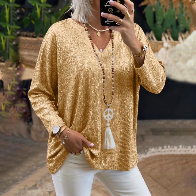 Craaazy Women's Casual Sparkle V-Neck Long Sleeve T-Shirts Gifts
