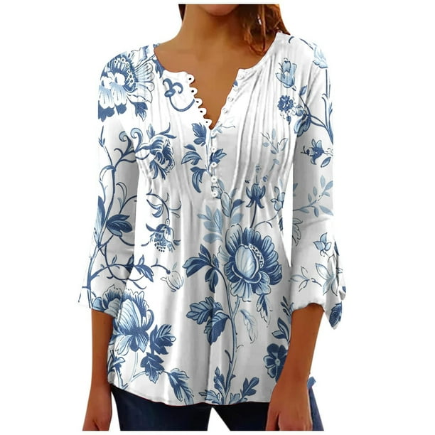 Camisetas de Cuello en V Mujeres, Impreso 3/4 Manga Blusa Casual Hecha de Cómodo Estante de Imitación para Toda la Temporada de Uso Diario, Camisetas Casuales de Mujer