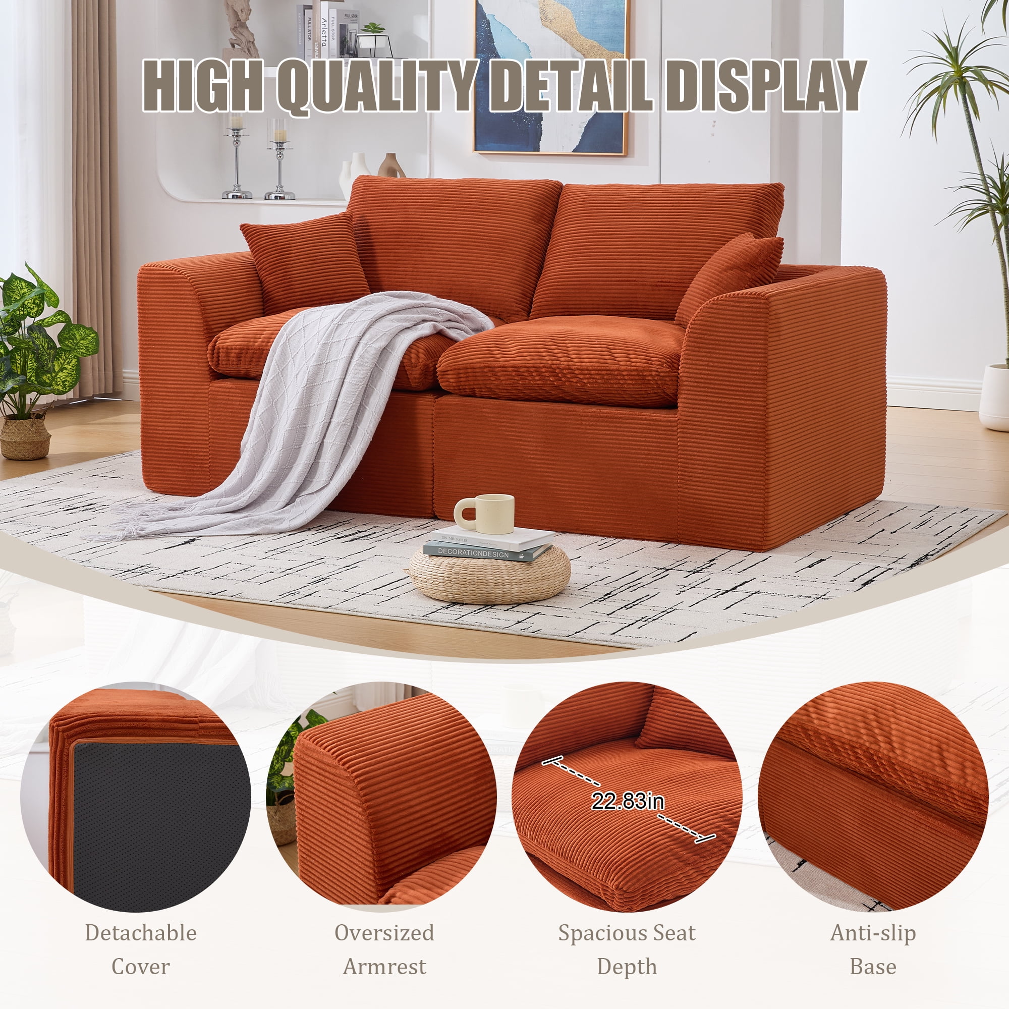 Leumius 80" Cloud Couch,Modern 2 Seater Sofa with Pillow,Upholstered Corduroy Fabric Modern Loveseat for Living Room Bedroom Apartments Dorms,No Assembly Required,Orange