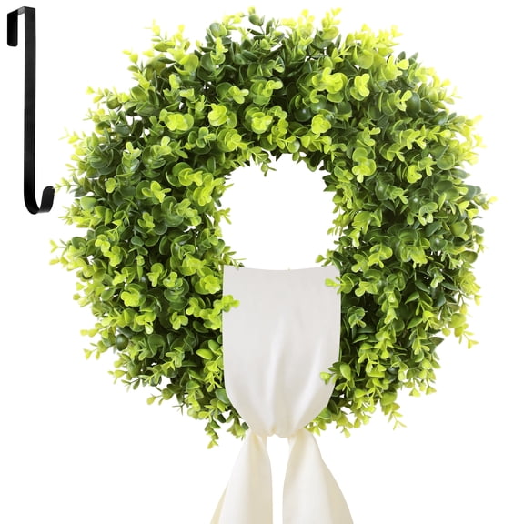 HKKDKTA 20'' Boxwood Wreath, Artificial Boxwood Wreaths for Front Door, Spring Summer Green Wreath with Wreath Sash Indoor Outdoor Home Decor