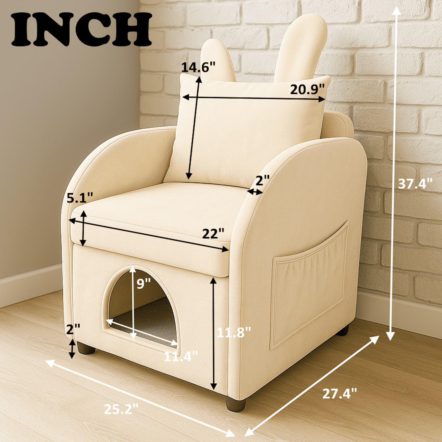 2-in-1 Armchair with Cat Dog Pet Hideaway, Pet-Friendly Accent Chair with Scratch-Resistant Fabric, Dual-Use Sofa Chair with Pocket for Living Room, Beige