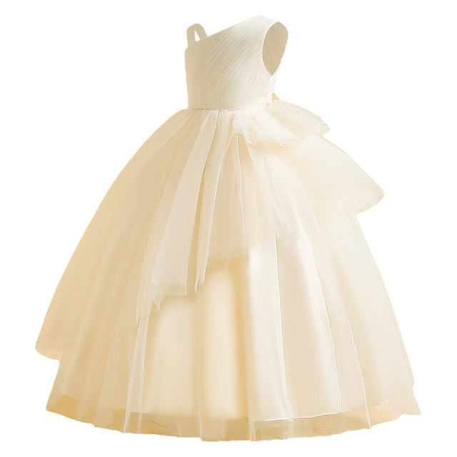LUOGENLI Robe Enfants Robe Princesse Robe Fille Sans Manches Robe de Spectacle Longue Robe à Pommeau Ensemble Jupe Maxi de Fête Boho Beige 12-14 Ans
