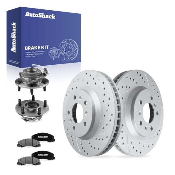 AutoShack Front Vented Drilled & Slotted Coated Brake Rotor Silver Matte Finish   Ceramic Pad   Hub Bearing Assembly 8-PC Brake Kit Replacement for 2006-2011 Buick Lucerne TurboGuard 11.93" (303 mm)