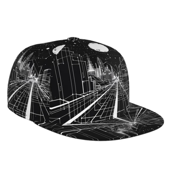 Flat Bill Trucker Hats for Women Men - Futuristic Moonlit Cityscape Adjustable Flat Baseball Cap Snapback Hats Dad Hats for Men