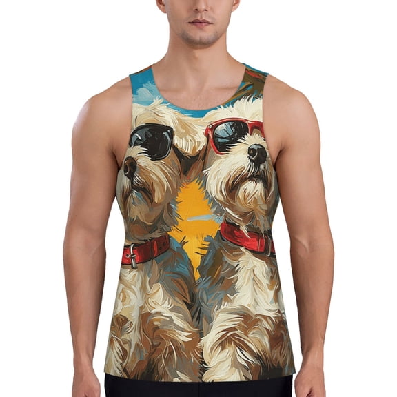 Men's Tank Tops Gym Sleeveless T Shirts Athletic Muscle Tee, Westie Dogs Tropical Retro