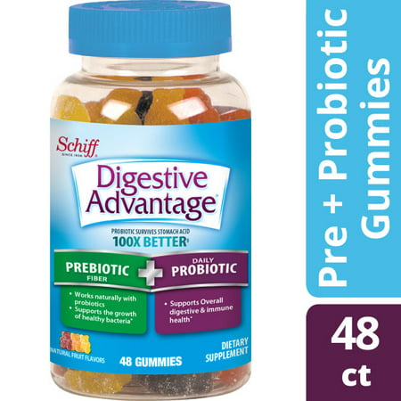 Digestive Advantage Prebiotic Fiber Plus Daily Probiotic, Natural Fruit Flavors, Gummy Dietary Supplements, 48