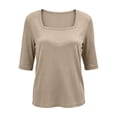 thumbnail image 5 of Migroa Scoop Neck Elbow Length Half Sleeve Tops for Women 1/2 Sleeve T-Shirt Casual Summer Loose Basic Tees Summer Going Out Work Cute Shirts Trendy 2026 Khaki Xl, 5 of 6