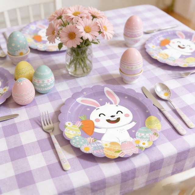 CaiYueKe Easter Paper Plates Disposable Bunny Themed Party Supplies Holiday Dinnerware Festive Decorations Spring Celebration Tableware Decorative Plates for Kids Adults Family Gathering
