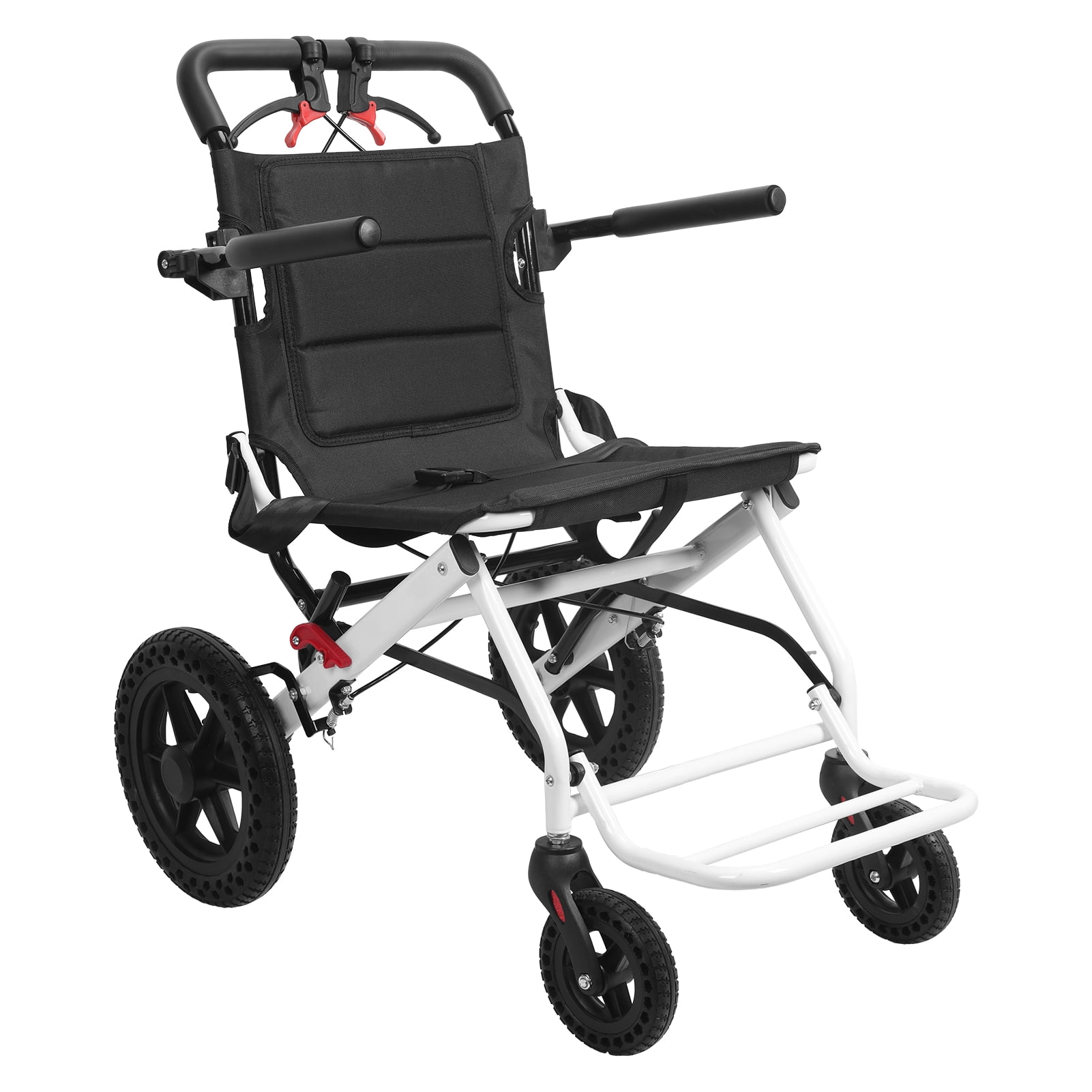 Lightweight Foldable Transport Wheelchair with One-Second Folding, Carbon Steel Frame & 12" Rear Wheels, Supports 120kg with Safety Belt and Hand Brakes, Ideal for Travel and Medical Use.