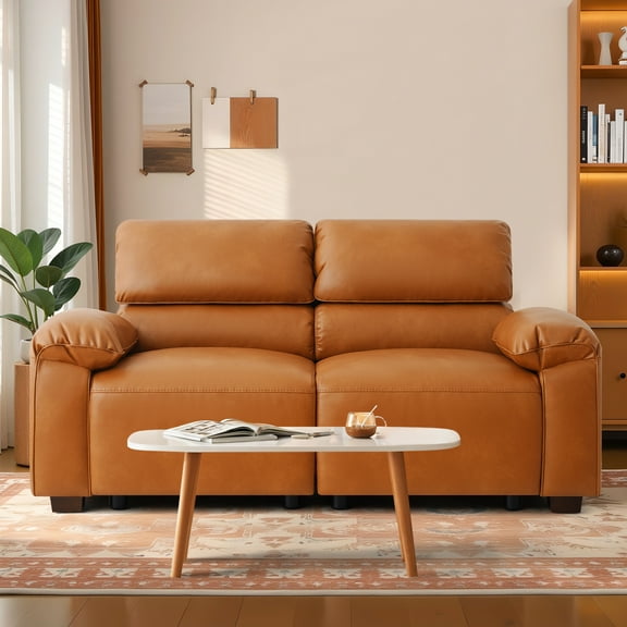 Fairyland 2 Seater Sofa for Adults, Brown Faux Leather Couch for Living Room