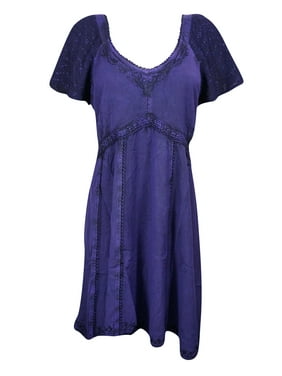 Mogul Women's Summer Dress Embroidered Bell Sleeves Purple Sundress S