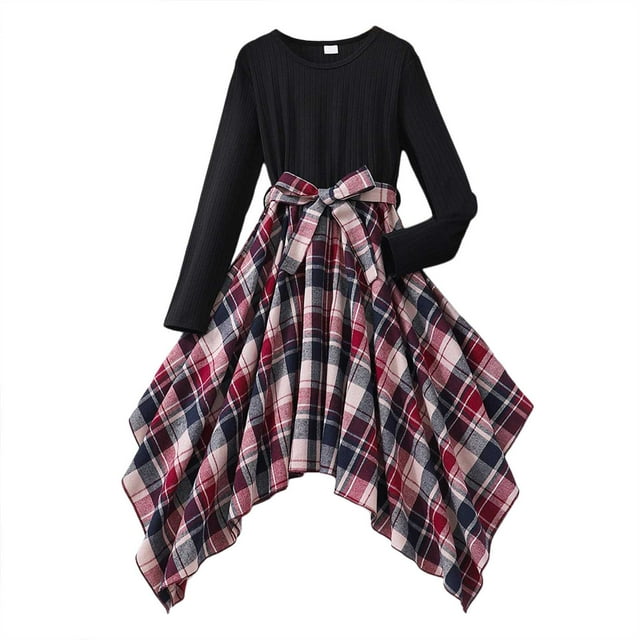 WUANDIXFA Robe Tutu pour Tout-Petit Robes pour Filles Robe Maxi à Carreaux avec Ourlet Asymétrique à Étages Manches Longues Boho Évasée Décontractée et Formelle Brique Rouge,10-11 Ans