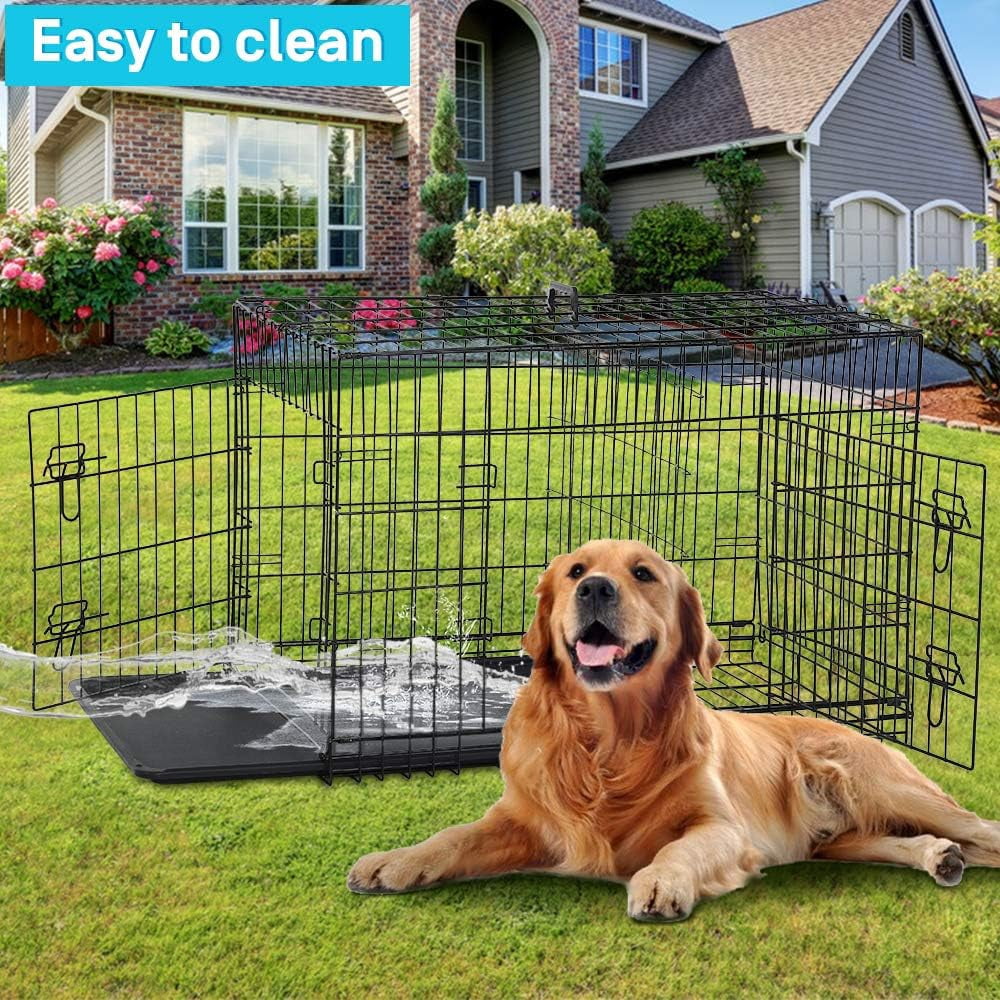 XF XINFENG 42 inch Folding Metal Dog Crate Indoor Outdoor Portable Dog Cage Kennel with Double-Door & Plastic Tray & Divider, Black